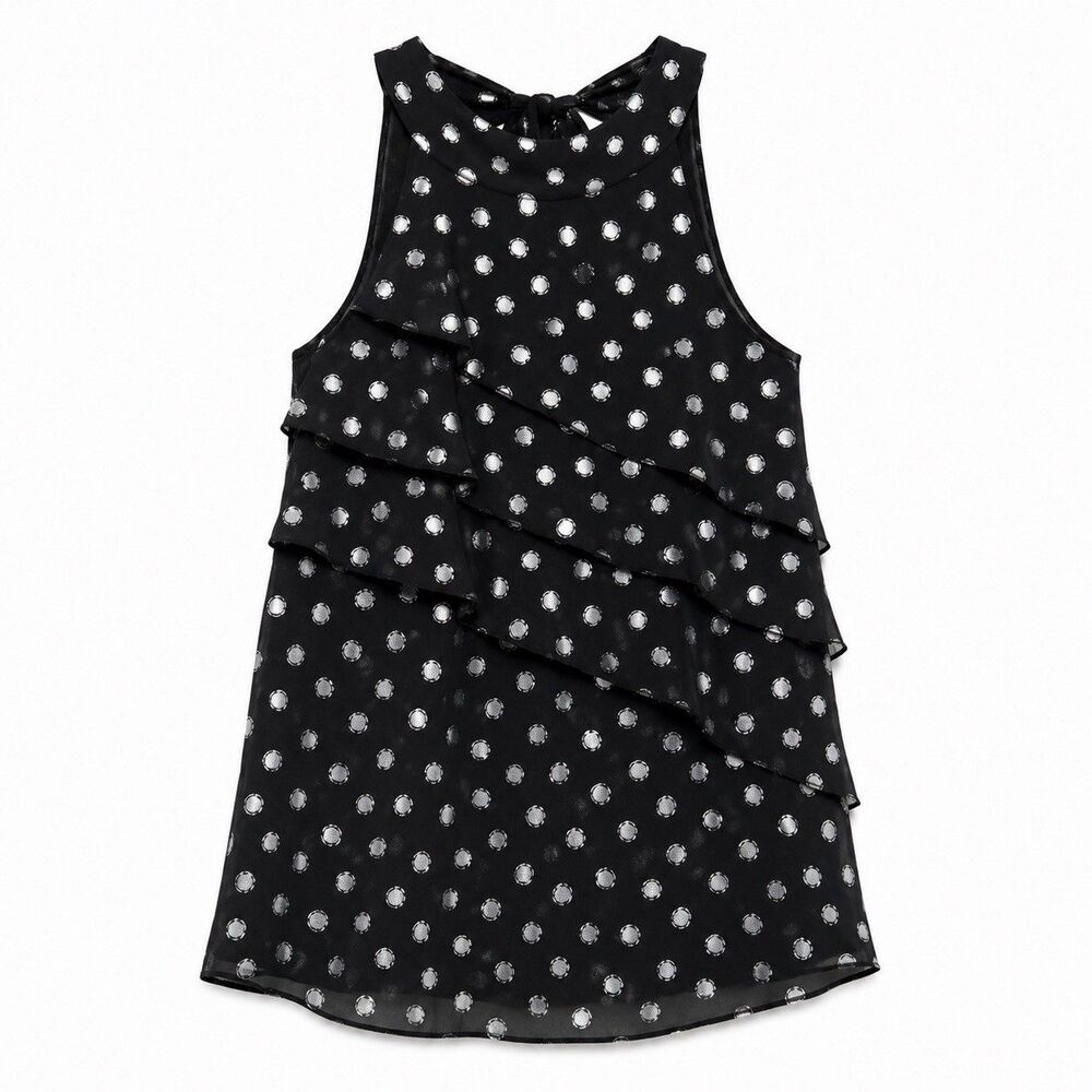 Iz Byer Blouse Juniors Medium Black Metallic Polka Dot Halter Ruffle Top Party